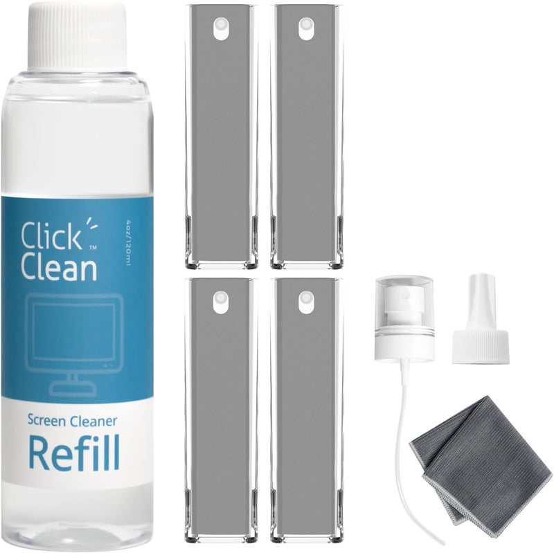 CLICK CLEAN Screen Cleaner Kits - 4 All-in-One Screen Cleaner with 4 oz Cleaner Refill, 1 Microfiber Cloth(7.8 x 7.8in), 1 Mini Refill Funnel, and 1 Sprayer - for All Phones, Laptop and Tablet Screens - Image 1